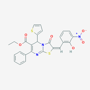 molecular formula C26H19N3O6S2 B306847 ETHYL (2E)-2-[(2-HYDROXY-3-NITROPHENYL)METHYLIDENE]-3-OXO-7-PHENYL-5-(THIOPHEN-2-YL)-2H,3H,5H-[1,3]THIAZOLO[3,2-A]PYRIMIDINE-6-CARBOXYLATE 