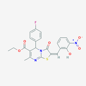 molecular formula C23H18FN3O6S B306852 ETHYL (2E)-5-(4-FLUOROPHENYL)-2-[(2-HYDROXY-3-NITROPHENYL)METHYLIDENE]-7-METHYL-3-OXO-2H,3H,5H-[1,3]THIAZOLO[3,2-A]PYRIMIDINE-6-CARBOXYLATE 