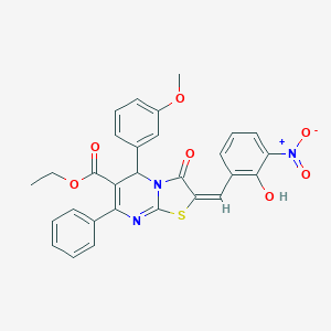 molecular formula C29H23N3O7S B306856 ETHYL 2-[(E)-1-(2-HYDROXY-3-NITROPHENYL)METHYLIDENE]-5-(3-METHOXYPHENYL)-3-OXO-7-PHENYL-2,3-DIHYDRO-5H-[1,3]THIAZOLO[3,2-A]PYRIMIDINE-6-CARBOXYLATE 