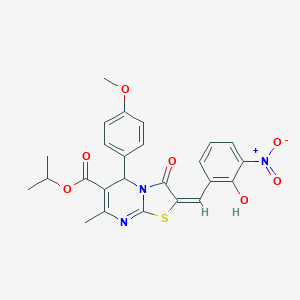 molecular formula C25H23N3O7S B306857 ISOPROPYL 2-[(E)-1-(2-HYDROXY-3-NITROPHENYL)METHYLIDENE]-5-(4-METHOXYPHENYL)-7-METHYL-3-OXO-2,3-DIHYDRO-5H-[1,3]THIAZOLO[3,2-A]PYRIMIDINE-6-CARBOXYLATE 