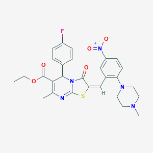 molecular formula C28H28FN5O5S B306872 ETHYL (2E)-5-(4-FLUOROPHENYL)-7-METHYL-2-{[2-(4-METHYLPIPERAZIN-1-YL)-5-NITROPHENYL]METHYLIDENE}-3-OXO-2H,3H,5H-[1,3]THIAZOLO[3,2-A]PYRIMIDINE-6-CARBOXYLATE 