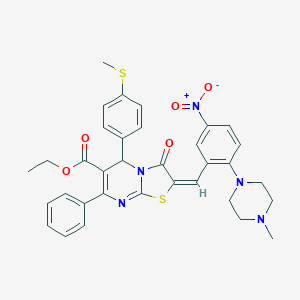molecular formula C34H33N5O5S2 B306874 ethyl 2-[5-nitro-2-(4-methyl-1-piperazinyl)benzylidene]-5-[4-(methylsulfanyl)phenyl]-3-oxo-7-phenyl-2,3-dihydro-5H-[1,3]thiazolo[3,2-a]pyrimidine-6-carboxylate 
