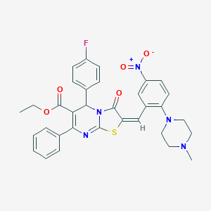 molecular formula C33H30FN5O5S B306876 ETHYL (2E)-5-(4-FLUOROPHENYL)-2-{[2-(4-METHYLPIPERAZIN-1-YL)-5-NITROPHENYL]METHYLIDENE}-3-OXO-7-PHENYL-2H,3H,5H-[1,3]THIAZOLO[3,2-A]PYRIMIDINE-6-CARBOXYLATE 