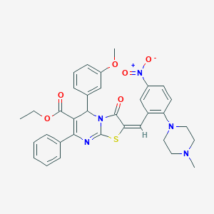 molecular formula C34H33N5O6S B306877 ETHYL (2E)-5-(3-METHOXYPHENYL)-2-{[2-(4-METHYLPIPERAZIN-1-YL)-5-NITROPHENYL]METHYLIDENE}-3-OXO-7-PHENYL-2H,3H,5H-[1,3]THIAZOLO[3,2-A]PYRIMIDINE-6-CARBOXYLATE 