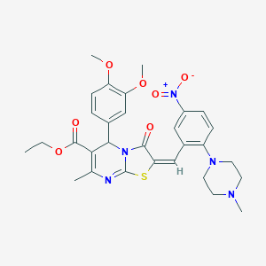 molecular formula C30H33N5O7S B306881 Ethyl (2E)-5-(3,4-dimethoxyphenyl)-7-methyl-2-{[2-(4-methylpiperazin-1-YL)-5-nitrophenyl]methylidene}-3-oxo-2H,3H,5H-[1,3]thiazolo[3,2-A]pyrimidine-6-carboxylate 