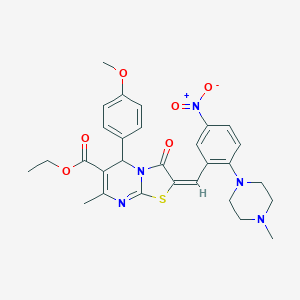 molecular formula C29H31N5O6S B306882 ETHYL (2E)-5-(4-METHOXYPHENYL)-7-METHYL-2-{[2-(4-METHYLPIPERAZIN-1-YL)-5-NITROPHENYL]METHYLIDENE}-3-OXO-2H,3H,5H-[1,3]THIAZOLO[3,2-A]PYRIMIDINE-6-CARBOXYLATE 