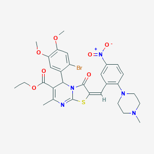 molecular formula C30H32BrN5O7S B306887 ETHYL (2E)-5-(2-BROMO-4,5-DIMETHOXYPHENYL)-7-METHYL-2-{[2-(4-METHYLPIPERAZIN-1-YL)-5-NITROPHENYL]METHYLIDENE}-3-OXO-2H,3H,5H-[1,3]THIAZOLO[3,2-A]PYRIMIDINE-6-CARBOXYLATE 