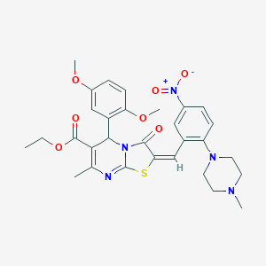 molecular formula C30H33N5O7S B306888 Ethyl (2E)-5-(2,5-dimethoxyphenyl)-7-methyl-2-{[2-(4-methylpiperazin-1-YL)-5-nitrophenyl]methylidene}-3-oxo-2H,3H,5H-[1,3]thiazolo[3,2-A]pyrimidine-6-carboxylate 