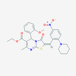 molecular formula C29H30N4O6S B306896 ethyl 2-[5-nitro-2-(1-piperidinyl)benzylidene]-5-(2-methoxyphenyl)-7-methyl-3-oxo-2,3-dihydro-5H-[1,3]thiazolo[3,2-a]pyrimidine-6-carboxylate 