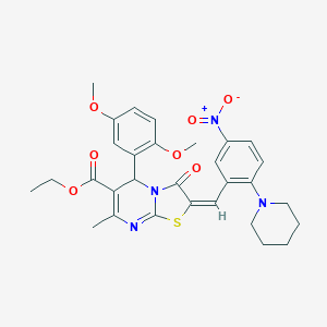 molecular formula C30H32N4O7S B306899 ethyl 5-(2,5-dimethoxyphenyl)-2-[5-nitro-2-(1-piperidinyl)benzylidene]-7-methyl-3-oxo-2,3-dihydro-5H-[1,3]thiazolo[3,2-a]pyrimidine-6-carboxylate 
