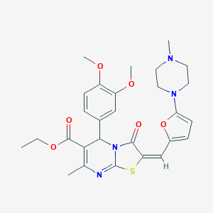molecular formula C28H32N4O6S B306910 ETHYL (2E)-5-(3,4-DIMETHOXYPHENYL)-7-METHYL-2-{[5-(4-METHYLPIPERAZIN-1-YL)FURAN-2-YL]METHYLIDENE}-3-OXO-2H,3H,5H-[1,3]THIAZOLO[3,2-A]PYRIMIDINE-6-CARBOXYLATE 