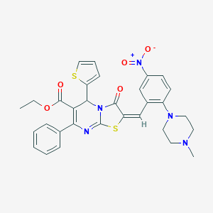 molecular formula C31H29N5O5S2 B306918 ETHYL (2E)-2-{[2-(4-METHYLPIPERAZIN-1-YL)-5-NITROPHENYL]METHYLIDENE}-3-OXO-7-PHENYL-5-(THIOPHEN-2-YL)-2H,3H,5H-[1,3]THIAZOLO[3,2-A]PYRIMIDINE-6-CARBOXYLATE 