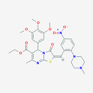 molecular formula C31H35N5O8S B306919 ETHYL (2E)-7-METHYL-2-{[2-(4-METHYLPIPERAZIN-1-YL)-5-NITROPHENYL]METHYLIDENE}-3-OXO-5-(3,4,5-TRIMETHOXYPHENYL)-2H,3H,5H-[1,3]THIAZOLO[3,2-A]PYRIMIDINE-6-CARBOXYLATE 