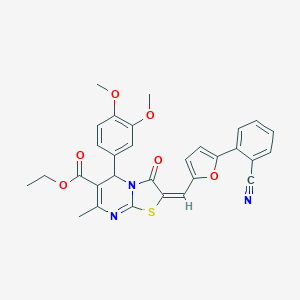 molecular formula C30H25N3O6S B306930 ethyl 2-{[5-(2-cyanophenyl)-2-furyl]methylene}-5-(3,4-dimethoxyphenyl)-7-methyl-3-oxo-2,3-dihydro-5H-[1,3]thiazolo[3,2-a]pyrimidine-6-carboxylate 