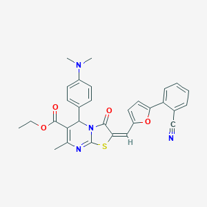 molecular formula C30H26N4O4S B306934 ethyl 2-{[5-(2-cyanophenyl)-2-furyl]methylene}-5-[4-(dimethylamino)phenyl]-7-methyl-3-oxo-2,3-dihydro-5H-[1,3]thiazolo[3,2-a]pyrimidine-6-carboxylate 