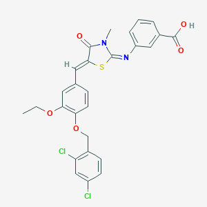 molecular formula C27H22Cl2N2O5S B306952 3-[(5-{4-[(2,4-Dichlorobenzyl)oxy]-3-ethoxybenzylidene}-3-methyl-4-oxo-1,3-thiazolidin-2-ylidene)amino]benzoic acid 