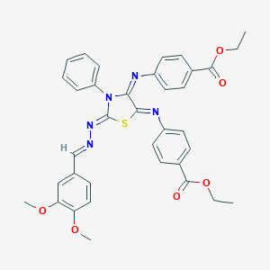 molecular formula C36H33N5O6S B307232 Ethyl 4-[(2-[(3,4-dimethoxybenzylidene)hydrazono]-4-{[4-(ethoxycarbonyl)phenyl]imino}-3-phenyl-1,3-thiazolidin-5-ylidene)amino]benzoate 
