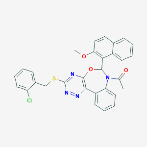 molecular formula C30H23ClN4O3S B307450 1-{7-acetyl-3-[(2-chlorobenzyl)sulfanyl]-6,7-dihydro[1,2,4]triazino[5,6-d][3,1]benzoxazepin-6-yl}-2-naphthyl methyl ether 