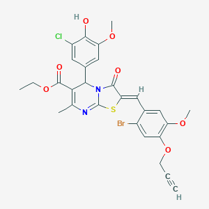 molecular formula C28H24BrClN2O7S B307503 ETHYL 2-{[2-BROMO-5-METHOXY-4-(2-PROPYNYLOXY)PHENYL]METHYLENE}-5-(3-CHLORO-4-HYDROXY-5-METHOXYPHENYL)-7-METHYL-3-OXO-5H-[1,3]THIAZOLO[3,2-A]PYRIMIDINE-6(3H)-CARBOXYLATE 