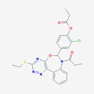 molecular formula C24H23ClN4O4S B307569 2-chloro-4-[3-(ethylsulfanyl)-7-propionyl-6,7-dihydro[1,2,4]triazino[5,6-d][3,1]benzoxazepin-6-yl]phenyl propionate 