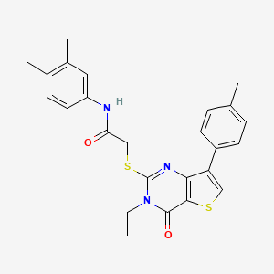 molecular formula C25H25N3O2S2 B3076545 N-(3,4-dimethylphenyl)-2-{[3-ethyl-7-(4-methylphenyl)-4-oxo-3H,4H-thieno[3,2-d]pyrimidin-2-yl]sulfanyl}acetamide CAS No. 1040650-30-3