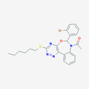 molecular formula C24H25BrN4O2S B307925 1-[6-(2-bromophenyl)-3-(hexylsulfanyl)[1,2,4]triazino[5,6-d][3,1]benzoxazepin-7(6H)-yl]ethanone 