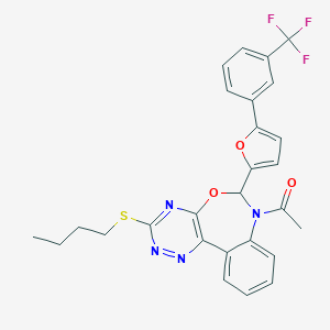 molecular formula C27H23F3N4O3S B308141 1-[3-(BUTYLSULFANYL)-6-{5-[3-(TRIFLUOROMETHYL)PHENYL]-2-FURYL}[1,2,4]TRIAZINO[5,6-D][3,1]BENZOXAZEPIN-7(6H)-YL]-1-ETHANONE 