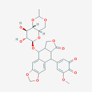molecular formula C₂₈H₂₈O₁₃ B030825 5-[5-[[(4aR,6R,7R,8R,8aS)-7,8-dihydroxy-2-methyl-4,4a,6,7,8,8a-hexahydropyrano[3,2-d][1,3]dioxin-6-yl]oxy]-8-oxo-5a,6,8a,9-tetrahydro-5H-[2]benzofuro[5,6-f][1,3]benzodioxol-9-yl]-3-methoxycyclohexa-3,5-diene-1,2-dione CAS No. 105016-65-7