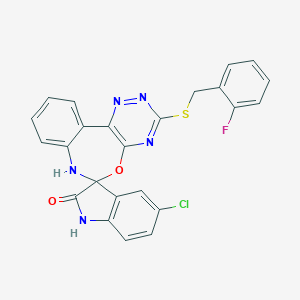 molecular formula C24H15ClFN5O2S B308274 5'-Chloro-3-((2-fluorobenzyl)thio)-7H-spiro[benzo[d][1,2,4]triazino[6,5-f][1,3]oxazepine-6,3'-indolin]-2'-one 