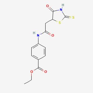 molecular formula C14H14N2O4S2 B3083582 Ethyl 4-{[(2-mercapto-4-oxo-4,5-dihydro-1,3-thiazol-5-yl)acetyl]amino}benzoate CAS No. 1142200-57-4