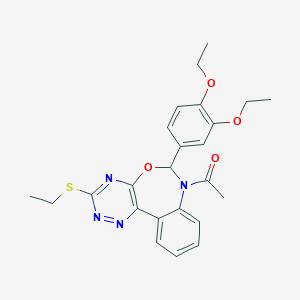 molecular formula C24H26N4O4S B308375 1-[6-(3,4-DIETHOXYPHENYL)-3-(ETHYLSULFANYL)[1,2,4]TRIAZINO[5,6-D][3,1]BENZOXAZEPIN-7(6H)-YL]-1-ETHANONE 