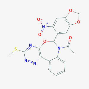 molecular formula C20H15N5O6S B308555 1-[3-(METHYLSULFANYL)-6-(6-NITRO-1,3-BENZODIOXOL-5-YL)[1,2,4]TRIAZINO[5,6-D][3,1]BENZOXAZEPIN-7(6H)-YL]-1-ETHANONE 