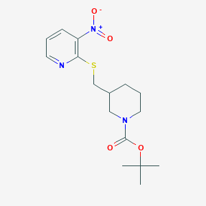 molecular formula C16H23N3O4S B3099331 tert-Butyl 3-(((3-nitropyridin-2-yl)thio)methyl)piperidine-1-carboxylate CAS No. 1353951-90-2