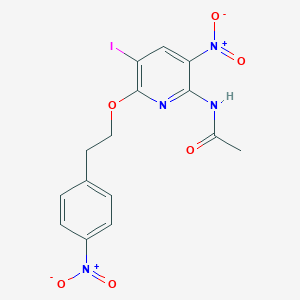molecular formula C15H13IN4O6 B3102170 N-(5-iodo-3-nitro-6-(4-nitrophenethoxy)pyridin-2-yl)acetamide CAS No. 1415562-49-0