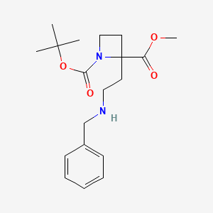 molecular formula C19H28N2O4 B3103054 1-Tert-butyl 2-methyl 2-(2-(benzylamino)ethyl)azetidine-1,2-dicarboxylate CAS No. 1431697-79-8