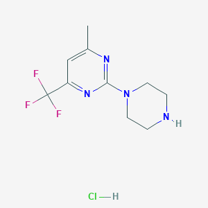 molecular formula C10H14ClF3N4 B3103156 4-Methyl-2-(piperazin-1-yl)-6-(trifluoromethyl)pyrimidine hydrochloride CAS No. 1431966-63-0