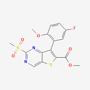 molecular formula C16H13FN2O5S2 B3104169 Methyl 7-(5-fluoro-2-methoxyphenyl)-2-(methylsulfonyl)thieno[3,2-d]pyrimidine-6-carboxylate CAS No. 1462950-10-2