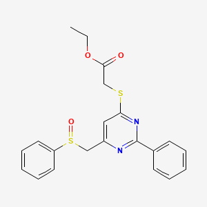 molecular formula C21H20N2O3S2 B3124774 Ethyl 2-((2-phenyl-6-((phenylsulfinyl)methyl)-4-pyrimidinyl)sulfanyl)acetate CAS No. 320421-39-4