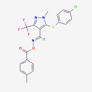 molecular formula C20H15ClF3N3O2S B3125143 N-{[5-[(4-chlorophenyl)sulfanyl]-1-methyl-3-(trifluoromethyl)-1H-pyrazol-4-yl]methylene}-N-[(4-methylbenzoyl)oxy]amine CAS No. 321553-44-0