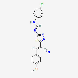 molecular formula C19H14ClN5OS B3127379 N-(4-chlorophenyl)-N'-{5-[1-cyano-2-(4-methoxyphenyl)vinyl]-1,3,4-thiadiazol-2-yl}iminoformamide CAS No. 338412-93-4