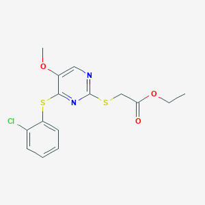 molecular formula C15H15ClN2O3S2 B3127712 Ethyl 2-((4-((2-chlorophenyl)sulfanyl)-5-methoxy-2-pyrimidinyl)sulfanyl)acetate CAS No. 338423-48-6