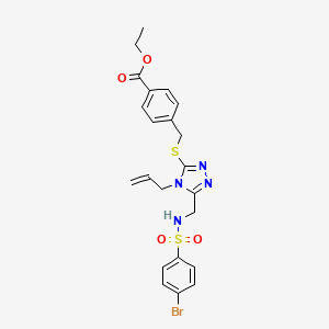 molecular formula C22H23BrN4O4S2 B3128304 Ethyl 4-[[5-[[(4-bromophenyl)sulfonylamino]methyl]-4-prop-2-enyl-1,2,4-triazol-3-yl]sulfanylmethyl]benzoate CAS No. 338794-47-1