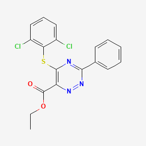 molecular formula C18H13Cl2N3O2S B3128403 Ethyl 5-[(2,6-dichlorophenyl)sulfanyl]-3-phenyl-1,2,4-triazine-6-carboxylate CAS No. 338957-13-4