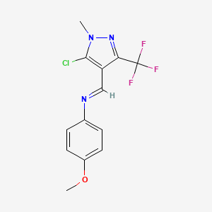 molecular formula C13H11ClF3N3O B3139169 N-{(E)-[5-chloro-1-methyl-3-(trifluoromethyl)-1H-pyrazol-4-yl]methylidene}-4-methoxyaniline CAS No. 477531-82-1