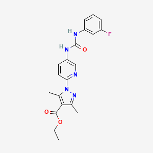 molecular formula C20H20FN5O3 B3139318 ethyl 1-(5-{[(3-fluoroanilino)carbonyl]amino}-2-pyridinyl)-3,5-dimethyl-1H-pyrazole-4-carboxylate CAS No. 477712-83-7