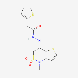 molecular formula C13H13N3O3S3 B3139761 N-[(E)-(1-methyl-2,2-dioxothieno[3,2-c]thiazin-4-ylidene)amino]-2-thiophen-2-ylacetamide CAS No. 477855-36-0