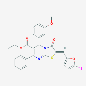 molecular formula C27H21IN2O5S B314034 ethyl 2-[(5-iodo-2-furyl)methylene]-5-(3-methoxyphenyl)-3-oxo-7-phenyl-2,3-dihydro-5H-[1,3]thiazolo[3,2-a]pyrimidine-6-carboxylate 