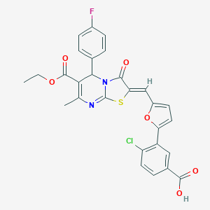 molecular formula C28H20ClFN2O6S B314055 4-CHLORO-3-(5-{[(2Z)-6-(ETHOXYCARBONYL)-5-(4-FLUOROPHENYL)-7-METHYL-3-OXO-2H,3H,5H-[1,3]THIAZOLO[3,2-A]PYRIMIDIN-2-YLIDENE]METHYL}FURAN-2-YL)BENZOIC ACID 