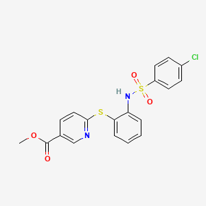 molecular formula C19H15ClN2O4S2 B3140666 Methyl 6-[(2-{[(4-chlorophenyl)sulfonyl]amino}phenyl)sulfanyl]nicotinate CAS No. 478033-24-8