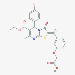 molecular formula C25H21FN2O6S B314067 2-(3-{[(2Z)-6-(ETHOXYCARBONYL)-5-(4-FLUOROPHENYL)-7-METHYL-3-OXO-2H,3H,5H-[1,3]THIAZOLO[3,2-A]PYRIMIDIN-2-YLIDENE]METHYL}PHENOXY)ACETIC ACID 